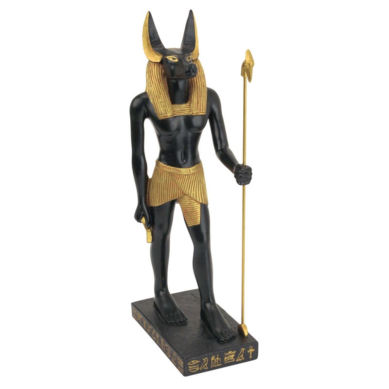 Design Toscano Anubis Jackal Diety of the Ancient Egyptian Realm Figurine Statue with Staff, 9 inches tall, Cast Stone Resin, Black & Gold Finish - Image 1